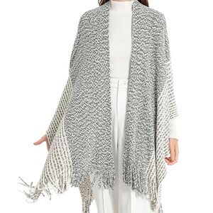 Gray and Cream Knit Cardigan Poncho with Fringe One Size
